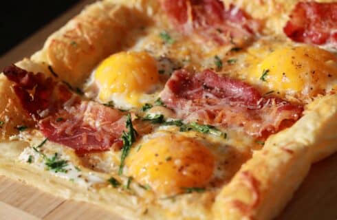 puff pastry baked with eggs, cheese, bacon and spices