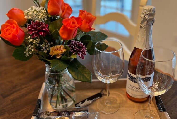 romance celebration package, flowers, wine, chocolate