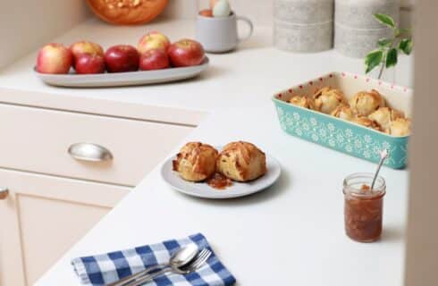 Breakfast, apple dumplings, apples, eggs, jam