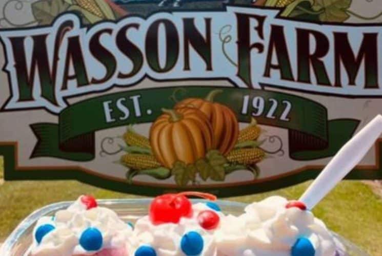 Close up view of Masson Farm sign and ice cream sundae