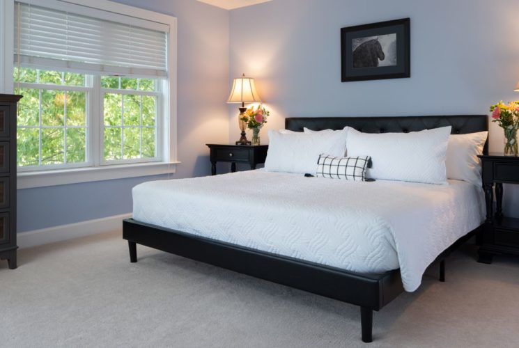 Bedroom with light blue walls, carpeting, black upholstered bed, white bedding, black nightstands with lamps, and black dresser