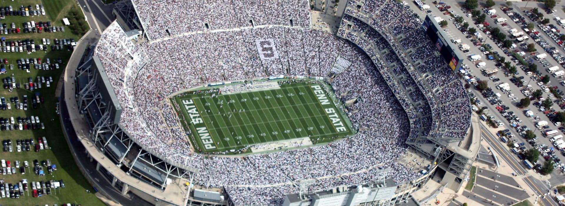 Aerial view of Penn State football stadium full of fans