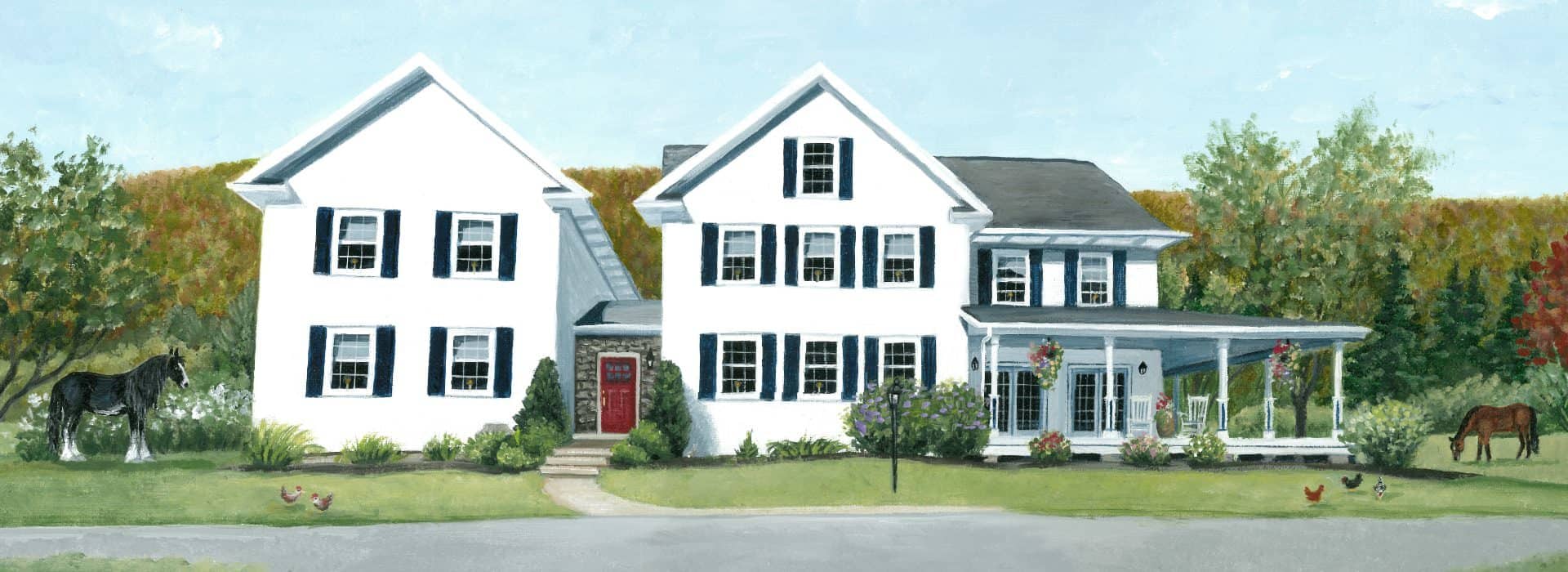 Painted version of the exterior of the property with white siding, navy blue shutters, wrapped porch, and surrounded by trees