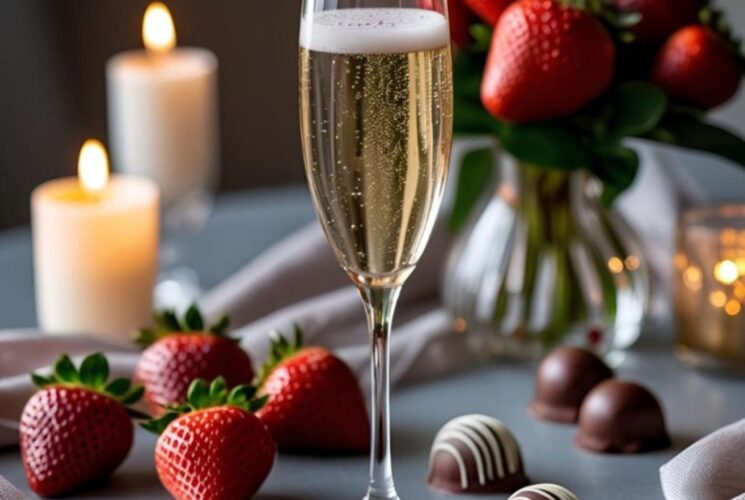 glass of prosecco, red strawberries and chocolate truffles