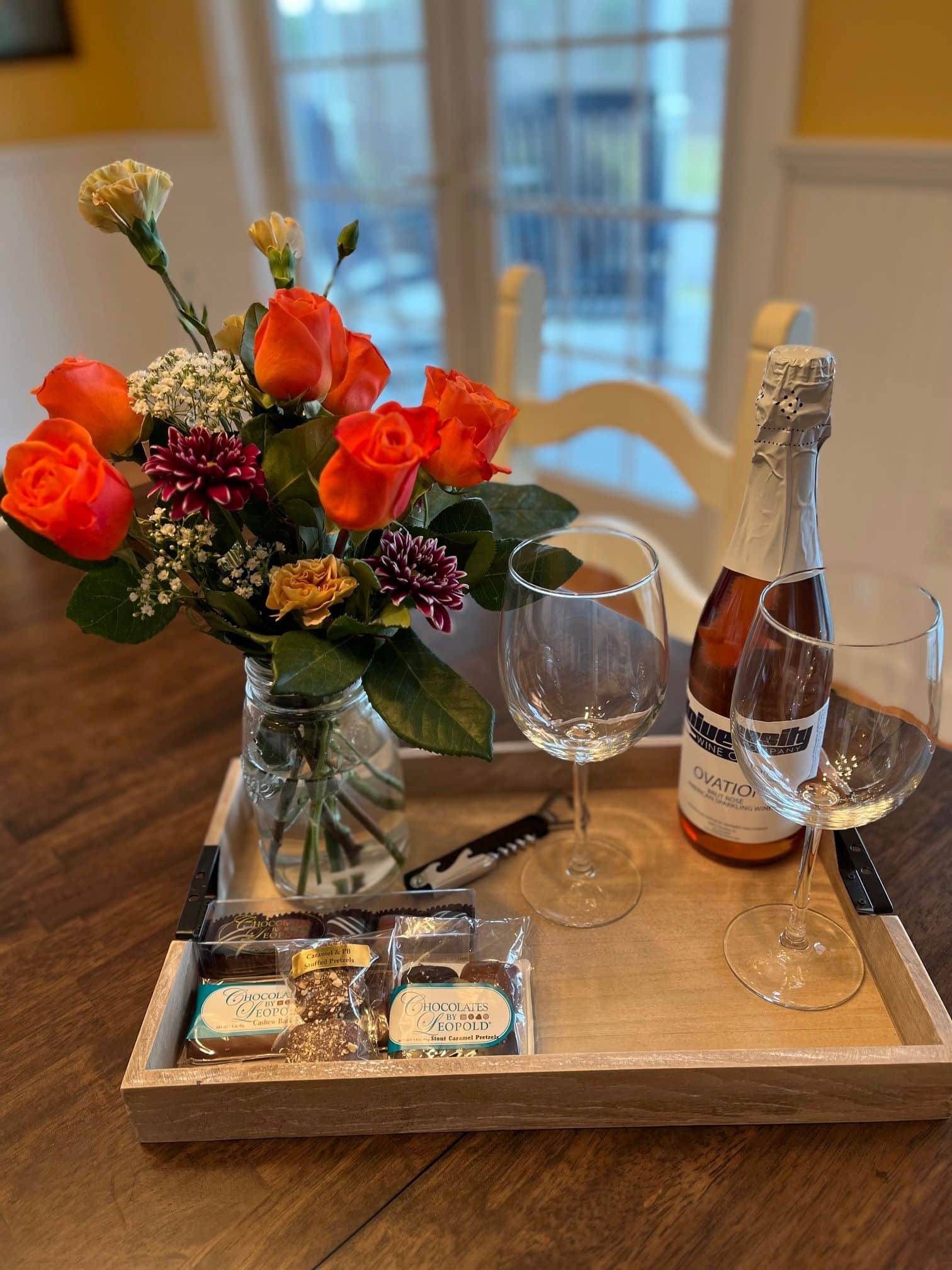 romance celebration package, flowers, wine, chocolate
